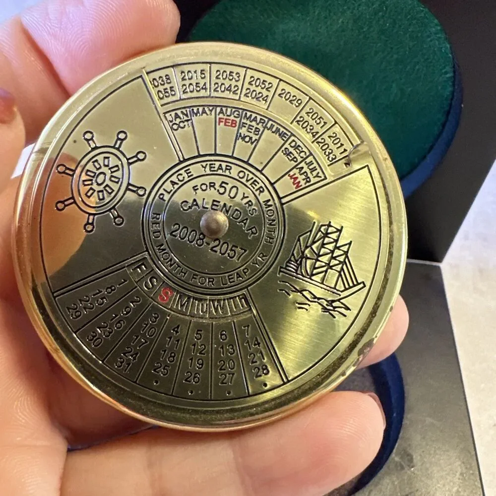 50 Year Calendar Brass Paper Weight 2008- 2057 Nautical Theme